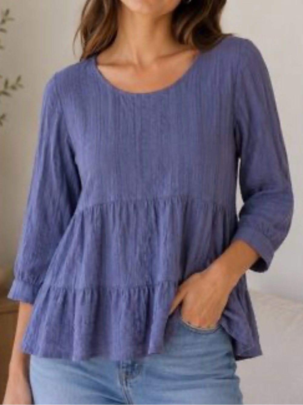 J. Jill 100% Cotton Tiered Textured Bohemian Cottage Peasant Top Tunic Sz L Blue